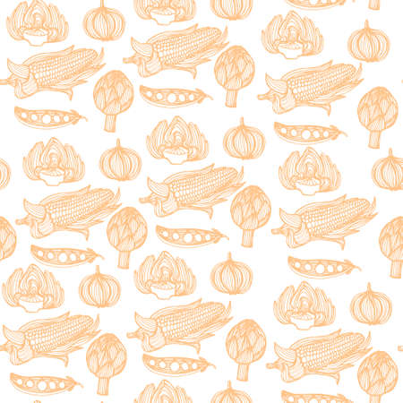 Perfect seamless vegetable pattern with onion, corn, artichoke. Farm food vector texture. のイラスト素材