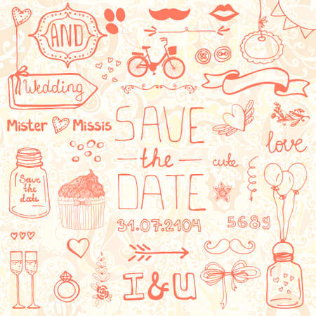 Perfect save the date design element collection. Bridal design elements including ribbons, birds, flowers, leaves, arrows.のイラスト素材