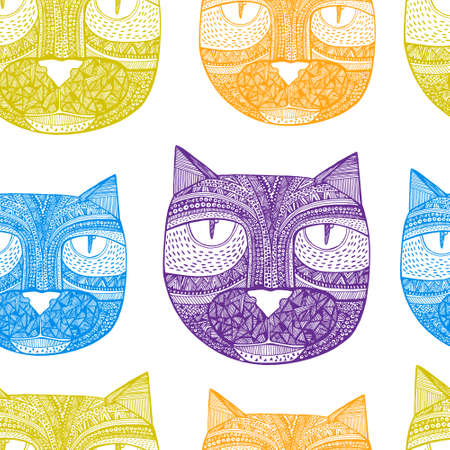 Tribal seamless pattern with hand drawn catsの写真素材