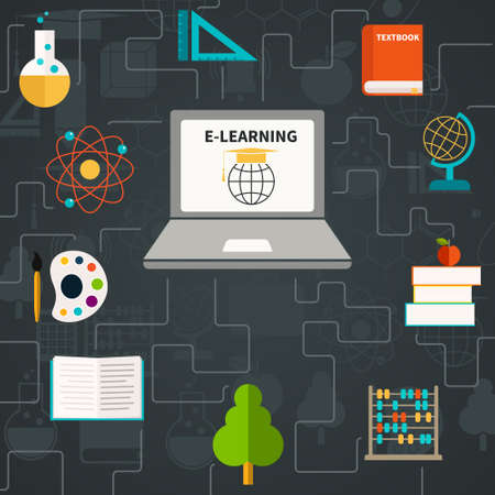 E-learning concept - laptom and different school subjects connecting to it. Math, biology, literature, geography, physics. Flat and clean education template.のイラスト素材