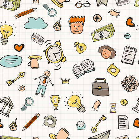 Seamless background with business doodle elements. Business hand drawn texture made in vector. Sketch style pattern.のイラスト素材