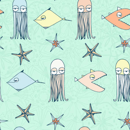 Cute hand drawn seamless pattern with water creatures made in vector. Underwater life texture. Fish, turtle, starfish, crab, shark, octopus.のイラスト素材