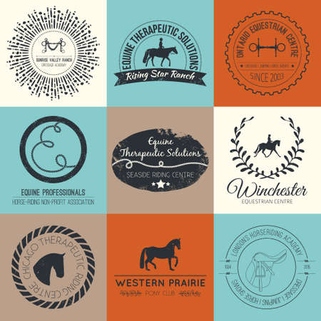 Equine vintage vector logo. Perfect horse related business symbols with antique texture. Premium quality ranch or equestrian business logotype.のイラスト素材