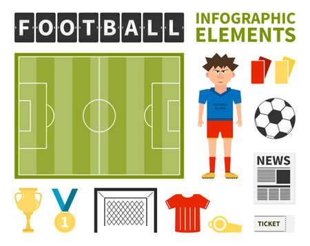 Football infographic elements - football player, ball, goal, newspaper, medal, field made in vector. Soccer championship elements for your infographic or design - easy to edit.のイラスト素材