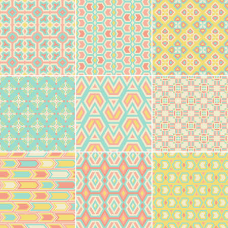 Set of nine vector seamless geometrical patterns. Vintage textures. Decorative background for cards, invitations, web design. Retro digital paper.のイラスト素材