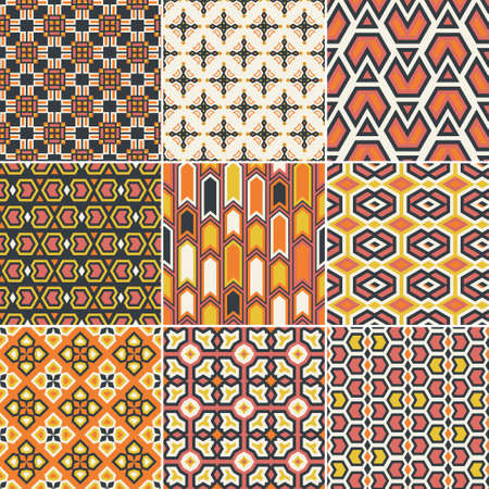 Set of nine vector seamless geometrical patterns. Vintage textures. Decorative background for cards,...