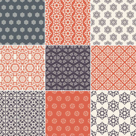 Set of nine vector seamless geometrical patterns. Vintage textures. Decorative background for cards, invitations, web design. Retro digital paper.のイラスト素材