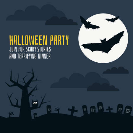 Halloween card template with bats, moon, cementry, owl. Flat vector scary halloween part invitation card.のイラスト素材