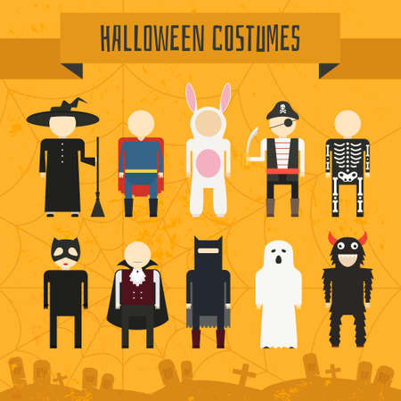 Illustration of popular halloween costumes, including vampire, rabbit, superhero, pirate, skeleton, monster, witch. Vector halloween illustration.のイラスト素材