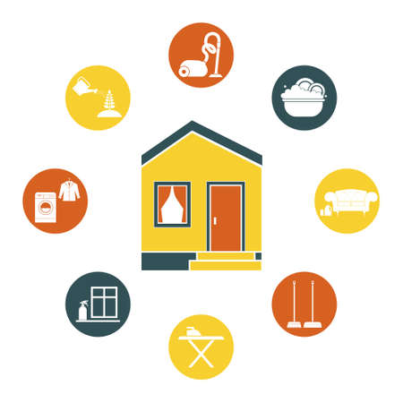 House cleaning vector - ironing, dish wash, vacuum cleaning, plant care, furniture dry-clean, window treatment.のイラスト素材
