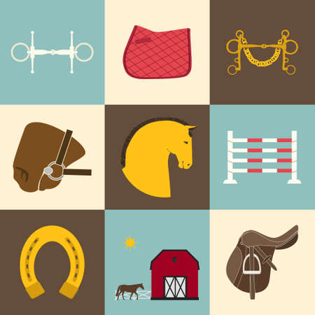 Detailed set of equestrian icons. Modern flat horseriding icons, including saddle, bit, snaffle bit, stable with a fence, horse, horseshoe and an obstacle.のイラスト素材