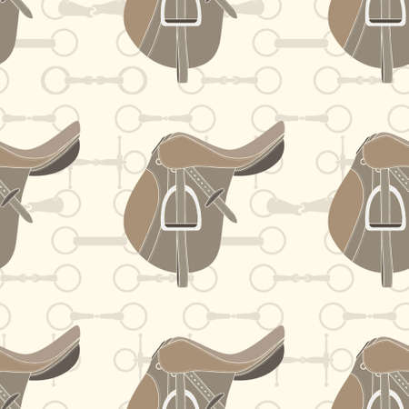 Vintage equine background with saddles and bits. Perfect equine seamless texture made in vector. Horseriding design. Horse supplies.のイラスト素材