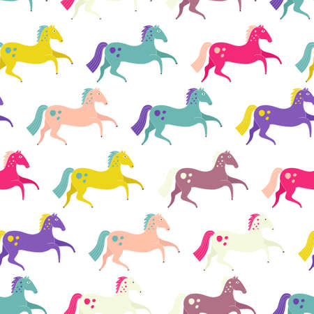 Beautiful seamless pattern with horse silhouettes. Perfect dressage event texture made in orange, yellow and blue colors on beige backgroound. Animal texture drwn in vector.のイラスト素材