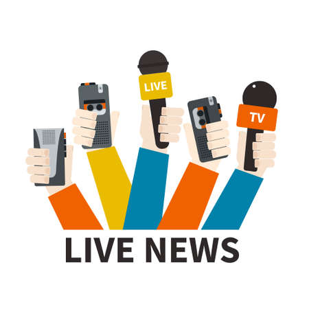 Journalism concept vector - set of hands holding microphones and voice recorders. Live news template. Press illustration.のイラスト素材