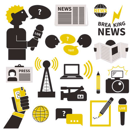 Set of vector journalism icons. Modern flat symbols of journalism including computer, news, reporter, camera, accreditation, pencil and notebook.のイラスト素材