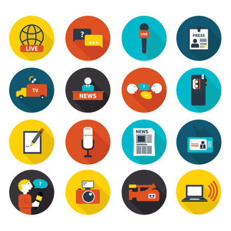 Set of vector journalism icons. Modern flat symbols of journalism including computer, news, reporter, camera, accreditation, pencil and notebook.のイラスト素材
