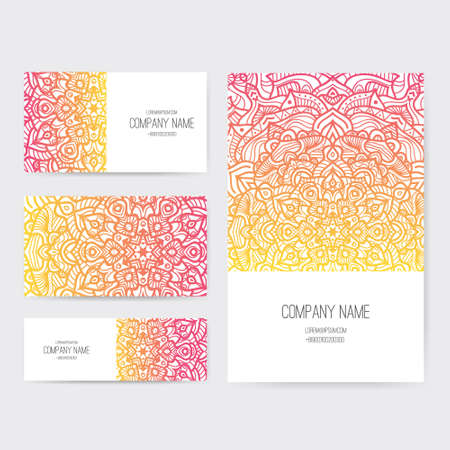 Set of business card and invitation card templates with lace ornament. Vector background. Indian, Arabic, Islam motifs. Vintage design elements. Wedding or save the date hand drawn background.のイラスト素材