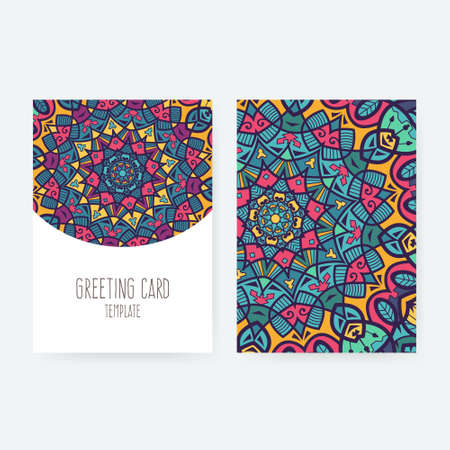 Set of business card and invitation card templates with lace ornament. Vector background. Indian, Arabic, Islam motifs. Vintage design elements. Wedding or save the date hand drawn background.のイラスト素材