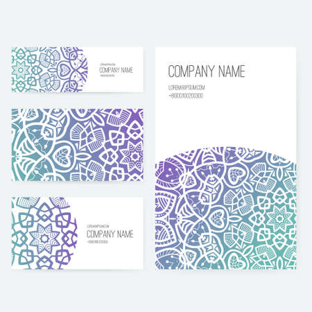 Set of business card and invitation card templates with lace ornament. Vector background. Indian, Arabic, Islam motifs. Vintage design elements. Wedding or save the date hand drawn background.のイラスト素材