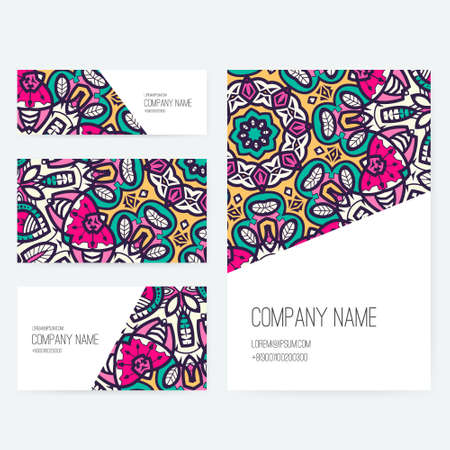 Set of business card and invitation card templates with lace ornament. Vector background. Indian, Arabic, Islam motifs. Vintage design elements. Wedding or save the date hand drawn background.のイラスト素材