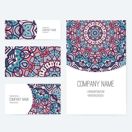 Set of business card and invitation card templates with lace ornament. Vector background. Indian, Arabic, Islam motifs. Vintage design elements. Wedding or save the date hand drawn background.のイラスト素材