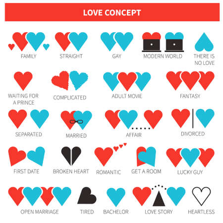 Creative modern concept of different types of love, relashions, families. Flat illustration of marriage, gay, straight. Hearts representing love concept with humor, made in vector.のイラスト素材