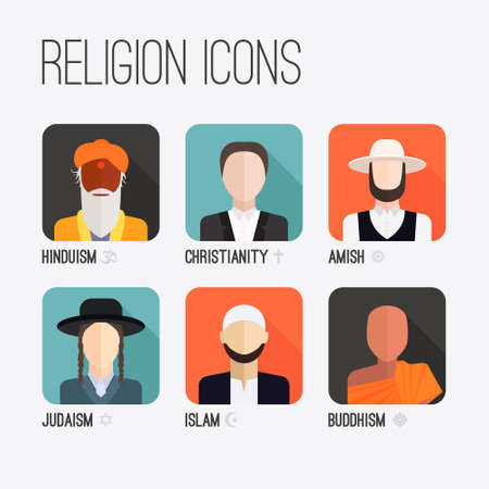 People of different religion in traditional clothing. Islam, judaism, buddhism, christianity, hinduism, amish. Religion vector symbols and characters.のイラスト素材