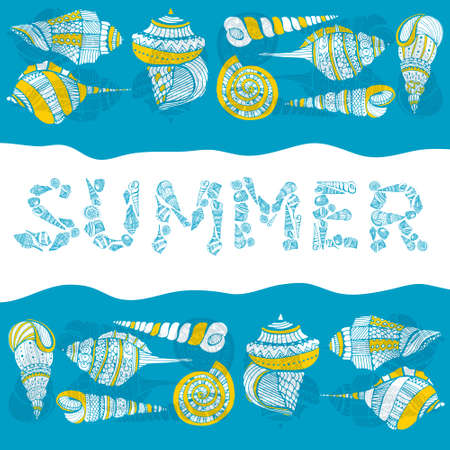 Summer time concept made in vectpr. Seashells and typography about vacation, travel, summer adventures.のイラスト素材