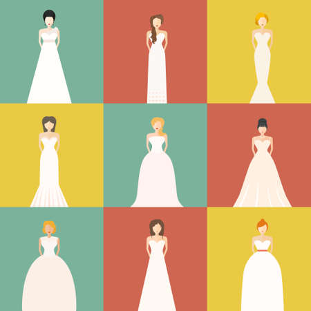 Brides in different styles of wedding dresses made in modern flat vector style. Choose your perfect wedding dress for your body type. Bridal vector.のイラスト素材