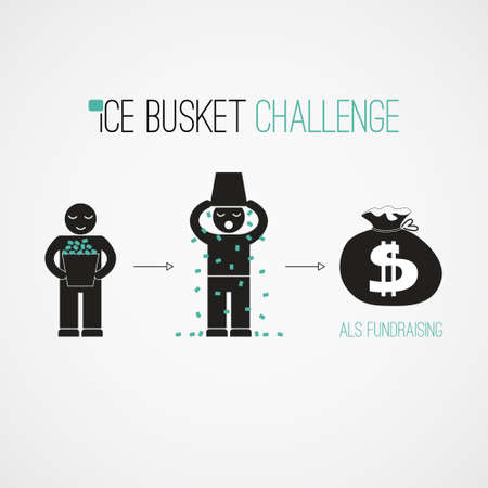 Ice Bucket Challenge - fund raising  vector concept. Viral social activity. People dumping buskers of cold icy water on themselves for charity and donations.のイラスト素材