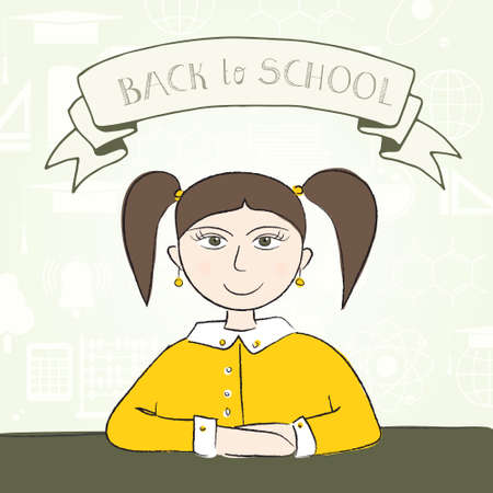Back to school illustration with cute happy girl ready to study. Hand drawn pupil or student on abstract school disciplines background.のイラスト素材