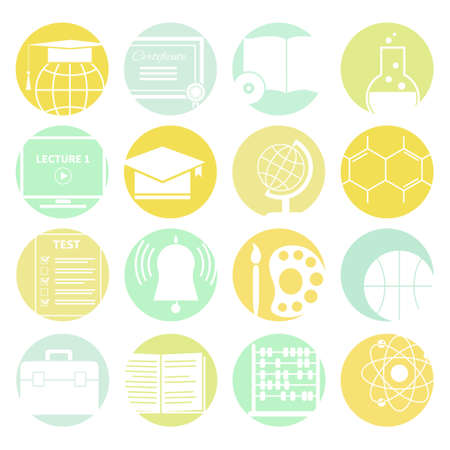 Set of detailed icons on education theme. Modern flat illustrations of school or college subjects and objects made in vector. Perfect design element for your web page or for an app.のイラスト素材
