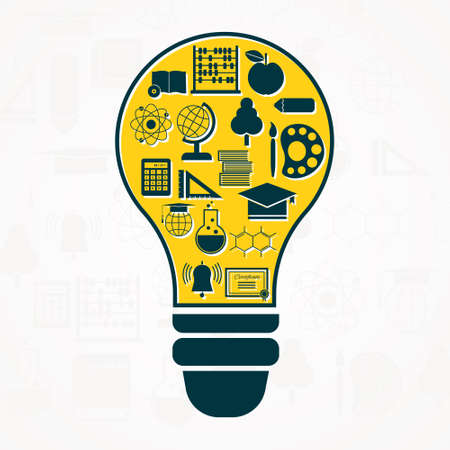 Modern flat illustration of education concept - lamp wit all major symbols of different school classes. E-learning concept. School illustration made in vector.のイラスト素材