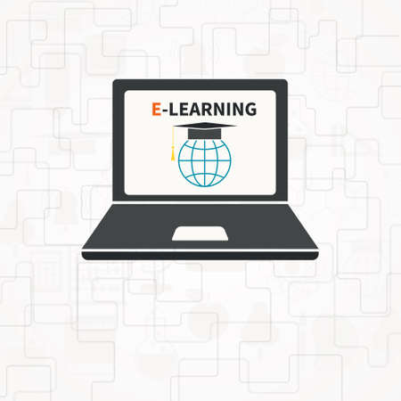 Clean and modern e-learning conceptual illustration. Laptop with text and globe with graduation hat with lots of connections and icons on the back. Perfect modern digital education illustration made in vector.のイラスト素材