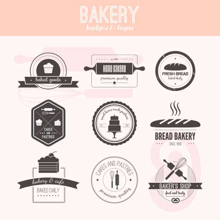 Set of vector bakery . Bread and pasteries labels, badges and design elements. Fresh baked goods.のイラスト素材