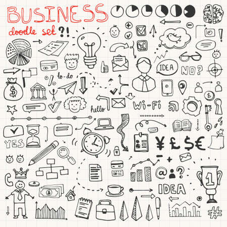 Set of business doodle elements made in vector. Idea, businessman, creative thinking, progress, graphs and all other kinds of business related elements.のイラスト素材