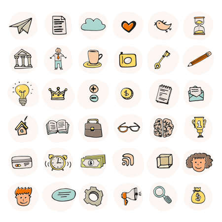 Set of business icons made in fun doodle way. Hand drawn vector business symbols, including characters, idea, search, brain, time, creative, pen, bird, social signs, money and home page.のイラスト素材