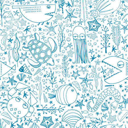Cute hand drawn seamless pattern with water creatures made in vector. Underwater life texture. Fish, turtle, starfish, crab, shark, octopus.のイラスト素材