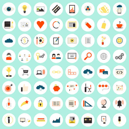 Really big set of 64 modern flat icons on SEO and internet usage. Search optimization, keywording, data visualization, interface planning, social networking  teamwork symbols. Each icon labeled with its meaning.のイラスト素材