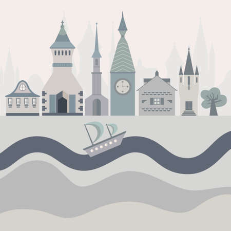 Vector illustration of a fairytown with different castles, river and ship.のイラスト素材