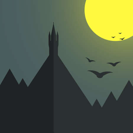 Castle standing alone on the top of the mountain. Moon light, birds. Halloween card template. Fairytale castle illustration.のイラスト素材