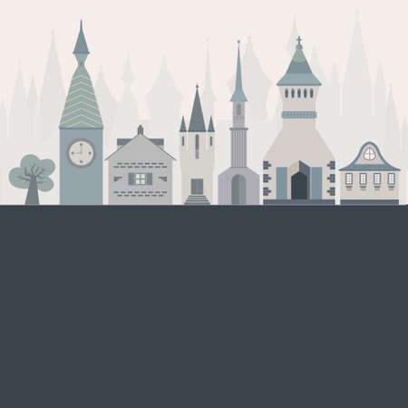 Template for an invitation or card with beautiful castles made in flat style. Vector fairytale illustration.のイラスト素材