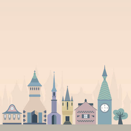Template for an invitation or card with beautiful castles made in flat style. Vector fairytale illustration.のイラスト素材
