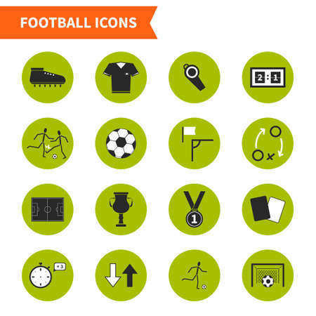 Set of modern flat soccer icons. Vector football symbols, including goal, players, uniform, ball, medal, prize. Pefect set of sport pictograms for web site or an app.のイラスト素材