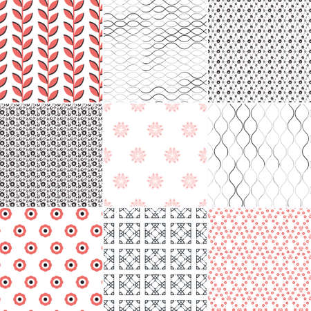 Set of nine vector seamless geometrical patterns. Vintage textures. Decorative background for cards, invitations, web design. Retro digital paper.のイラスト素材