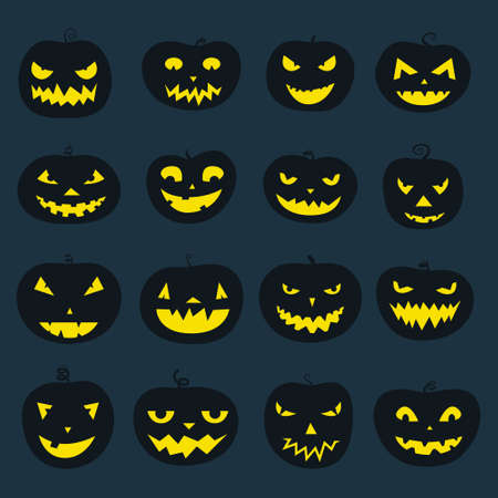 Pumpkin icons with scary faces. Vector halloween illustration. Horror creatures. Halloween party symbols.のイラスト素材