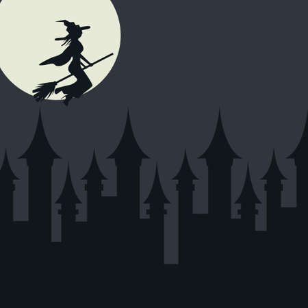 Halloween card template with witch flying over the town. Flat vector scary horror halloween card.のイラスト素材