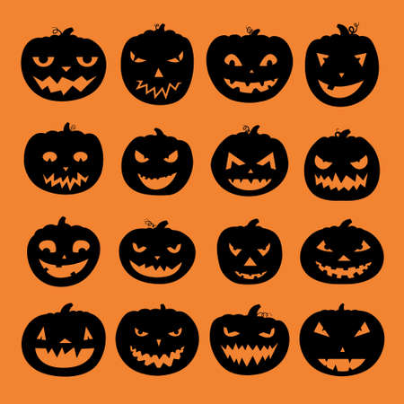 Pumpkin icons with scary faces. Vector halloween illustration. Horror creatures. Halloween party symbols.のイラスト素材