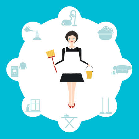 Vector illustration of a modern cute housewifes surrounded by house work - window and carpet cleaning, vacuum cleaning, plant care, cloth washing and ironing.のイラスト素材