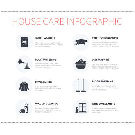Modern housekeeping infographic. Perfect design to show work around the house for journal, blog or housekeeping agency. Modern flat apartment with different housework icons made in vector.のイラスト素材